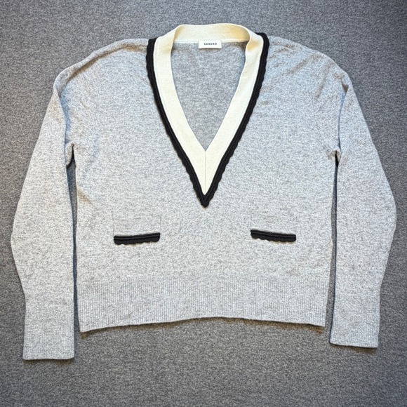 SANDRO Alisson  sz L / 3 V-Neck Sweater Wool Cashmere Grey Black White Soft - Picture 3 of 12